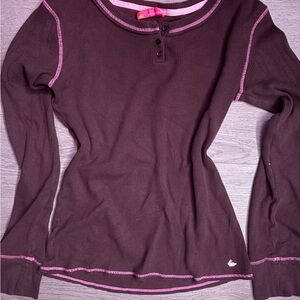 Jenni by Jennifer Moore Brown Long Sleeve Henley with Pink Trim